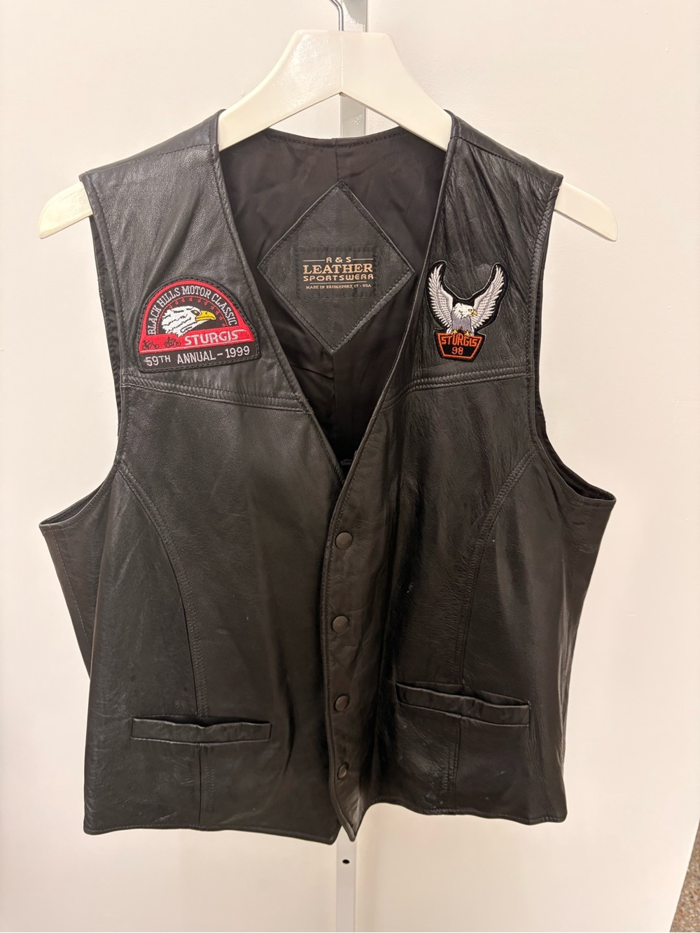 Leather Motorcycle Vest in Black with Sturgis Patches